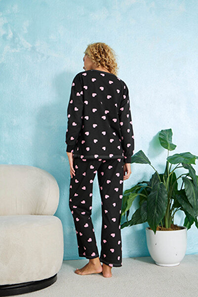 STELLAPİNK Siyah Pembe Kalp Desenli Pamuklu Uzun Kollu Pijama Takımı
