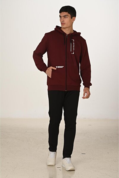 Marco Ferry Men's Cotton Hooded Tracksuit Set Claret Red 5286-B