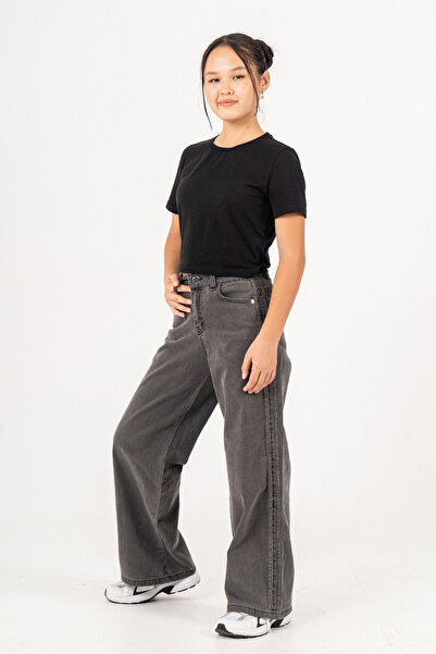 GİYİCEM TEKSTİL Girls' Side Stripe Wide Leg Stripe Jeans 2225