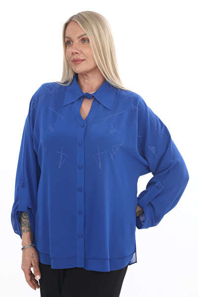 KİFAYET Büyük Beden İki Kat Şifon Yarasa Kol Damla Detaylı Yaka Taş Detaylı Ş...