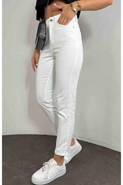 JAXEN Maria Gold Pantaloni de damă, alb, talie înaltă material elastic Extra flexibili, blugi Mom Jeans