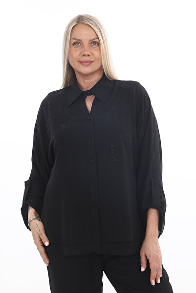 KİFAYET Büyük Beden İki Kat Şifon Yarasa Kol Damla Detaylı Yaka Taş Detaylı Ş...