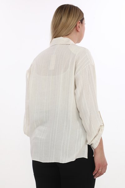 KİFAYET Plus Size Glitter Striped Shirt V-Neck Epaulet Long Sleeve Women's Shirt