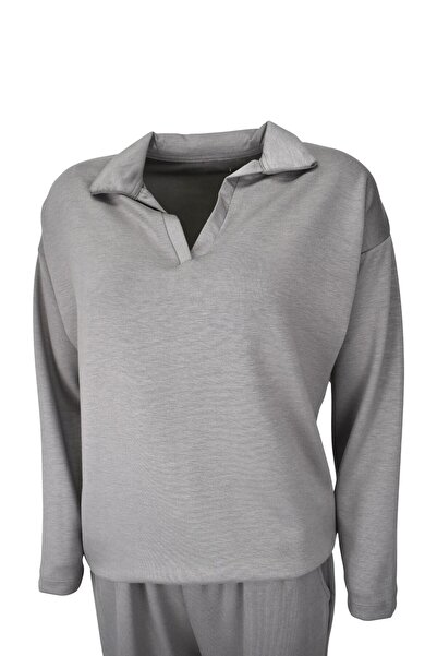 birizmoda Comfortable Fit Polo Neck Modal Fabric Long Sleeve Tracksuit Set - Mink