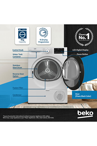 Beko مجفف ملابس مكثف سعة 9 كجم، 15 برنامجًا، منخفض الضوضاء، تجفيف مستشعر متقدم، تيار مستمر 9 واط (أبيض)