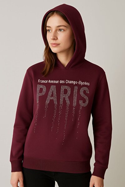BEGBOR LİNGERİE Women / Children Burgundy Paris Stone Detail K Hooded Sweatshirt