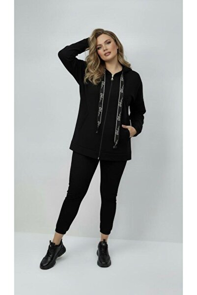 Koza Butik Women's Plus Size Long Sleeve Hooded Zipper Detailed Sweatshirt 2007