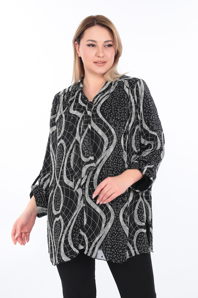 KİFAYET Büyük Beden (50-56) Baskılı Şifon Astarlı Uzun Kol Boyundan Bağlamalı...