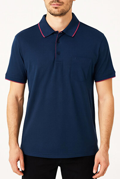 ARL Pink Striped Collar Buttoned Pocketed Navy Blue T-Shirt