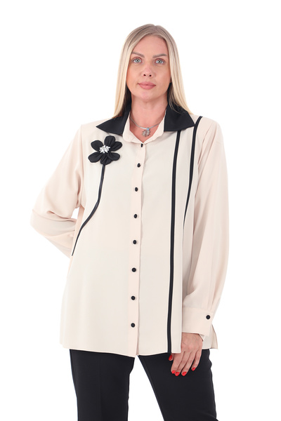 KİFAYET Plus Size Shirt Collar 3D Flower and Piped Detail Stylish Women's Blouse