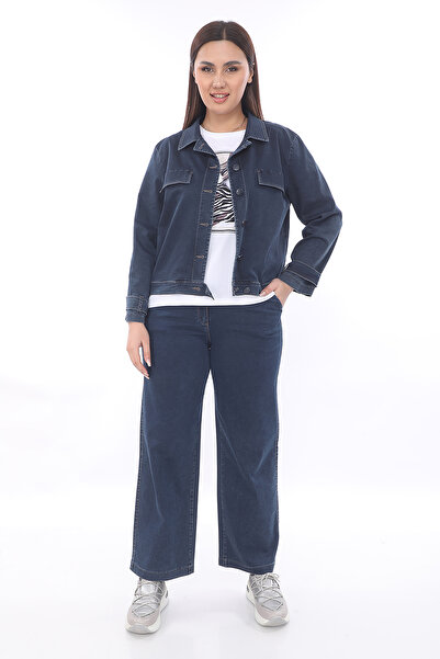 EXİTLİNE Women's Seasonal 3-Piece Set Pants Jacket T-Shirt with Stones Printed Navy Blue Stretchy Denim Set