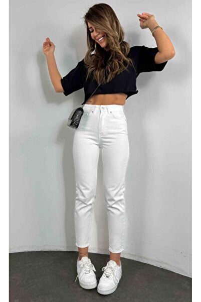 JAXEN Maria Gold Women's White High Waist Stretch Fabric Extra Stretchy Mom Jeans Denim Pants