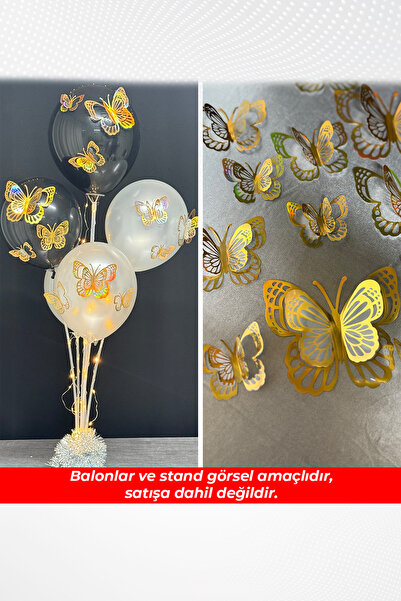 Parti Atölyesi 12 Adet Gold Hologramlı PVC Kelebek Parti Dekorasyon