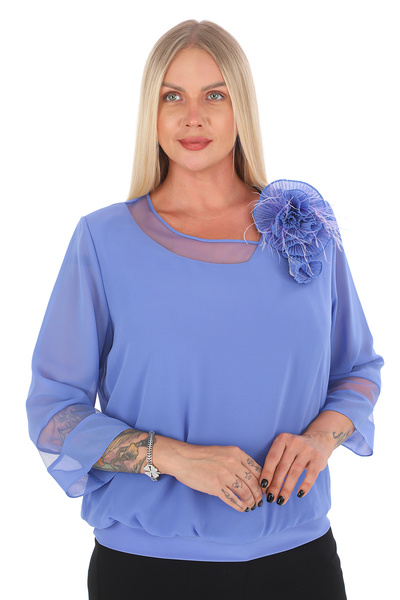 KİFAYET Büyük Beden (50-56) Sandy Şifon Tül Yaka 3D Çiçek Aksesuar Beli Lasti...