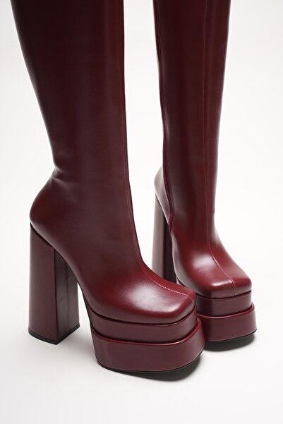 Ayakkabı Ateşi Women's Double Platform Thick Heel Boots Penny Burgundy Skin