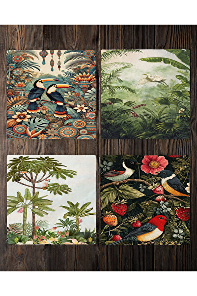 Creatick Design Natural Stone Coasters Set of 4 10X10X1 cm Tropical Bird Themed