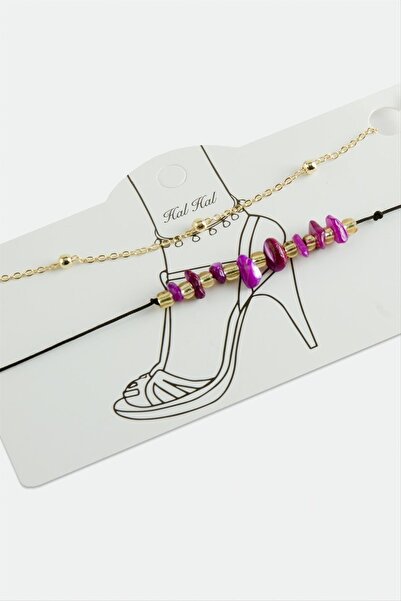 ZERO LAND Lvsqvr 2 Pieces Broken Natural Stone (150757) Chain Anklet-Pink