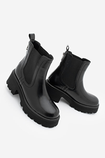 Marjin Women's Thick Heeled Accessory Zippered Elastic Daily Boots Fenros Black