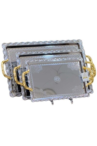 ALQANNAS طقم صواني تقديم من ٣ قطع | أحجام واسعة | تصميم عصري | فضي بمقابض ذهبية