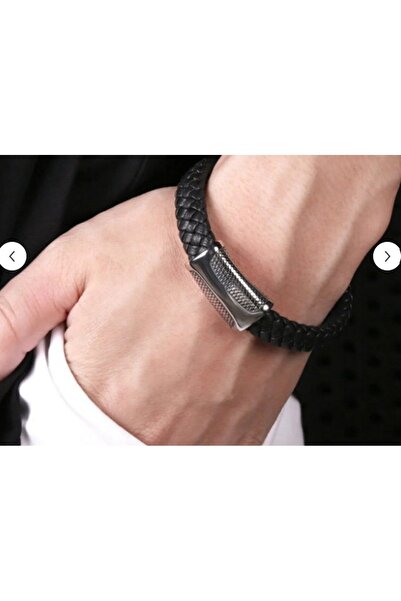 voyageaccessory سوار رجالي من الجلد الأسود المحبوك مع تفاصيل من الفولاذ المقا...
