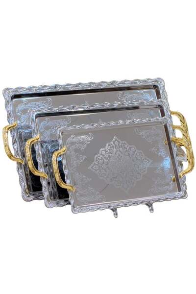 ALQANNAS طقم صواني تقديم من ٣ قطع | أحجام واسعة | تصميم عصري | فضي بمقابض ذهبية