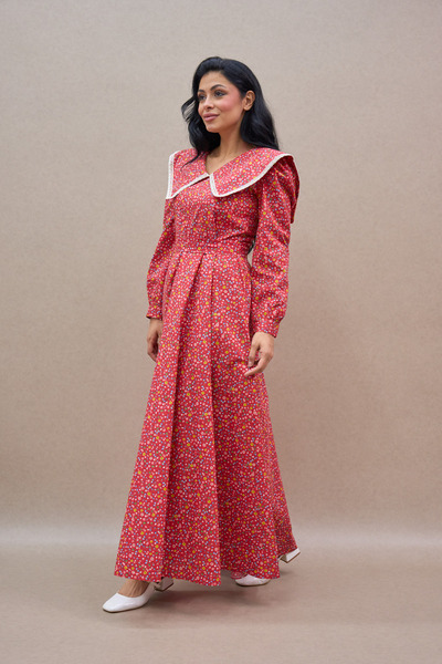 KÜÇÜĞÜM BUTİK Vintage Big Collar Red Floral Long Flared Women's Dress