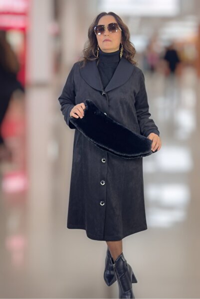 yagmurberen Removable Fur Collar Unpadded Pocketed Plus Size Women's Suede Coat