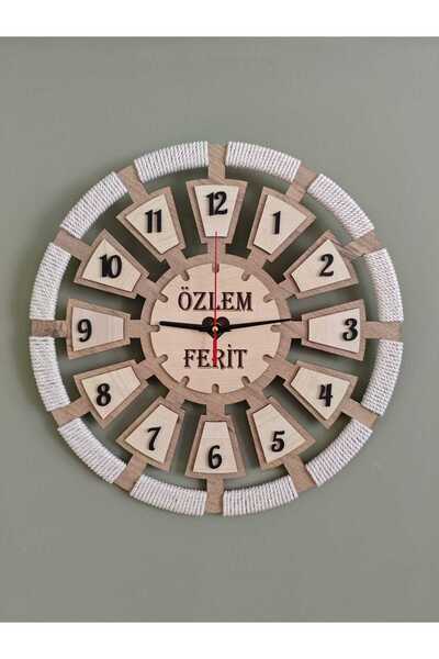 ERGEÇ TASARIM Makrome Detaylı Ahşap Duvar Saati - Kişiye Özel İsimli MDF Tasarım 40 cm