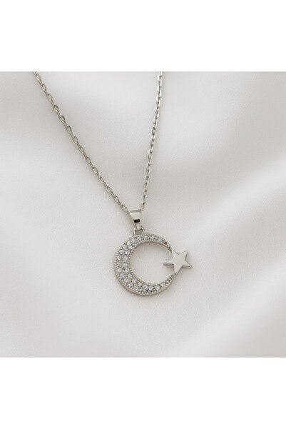HARİNA قلادة فضية اللون من الفولاذ مرصعة بحجر الزركون بتصميم نجمة القمر