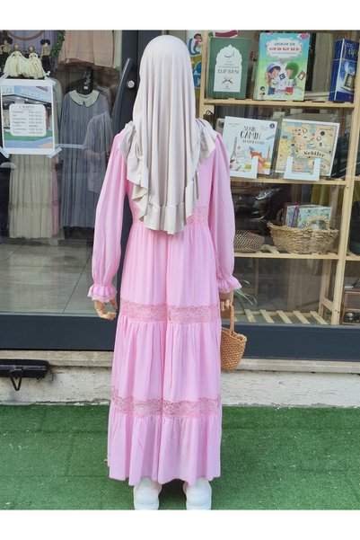 Nurul kisve Pink Lace Detailed Lined Hijab Dress