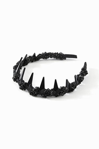 New Obsessions Black Tulle Fabric and Beaded Shark Tooth Bone Crown