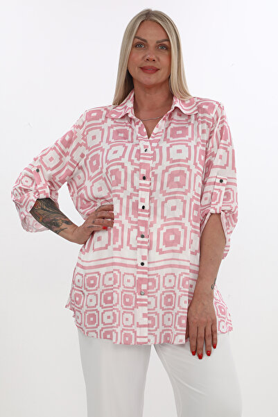 KİFAYET Büyük Beden (50-56) Baskılı Şifon Gömlek Yaka Modern Geometrik Desenl...