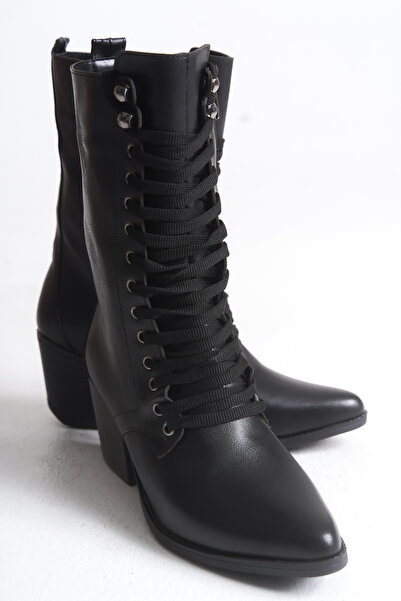 Solo Bag Women's New Season Heeled Zippered Front Lace-Up Daily Comfortable Fit Black Boots