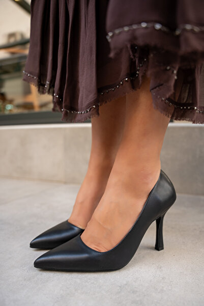 LAMİNTA Relly Black Leather Women's Heeled Shoes