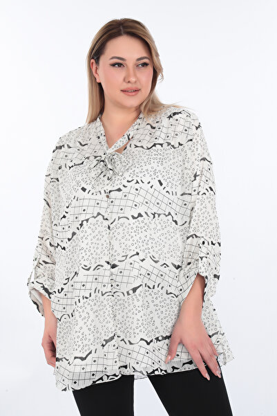 KİFAYET Büyük Beden (50-56) Baskılı Şifon Astarlı Uzun Kol Boyundan Bağlamalı...