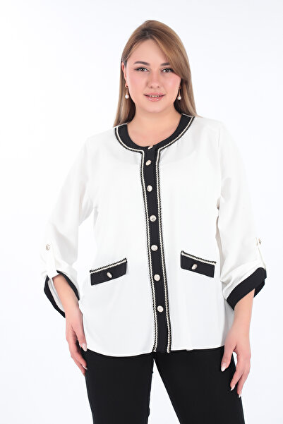 KİFAYET Büyük Beden (50-56) Chanel Düğme Detaylı Bisiklet Yaka Uzun Kol Kadın...