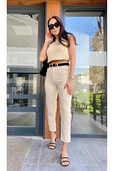 JAXEN BT16650444 Γυναικεία κρεμ ψηλόμεση ελαστικό ύφασμα εξαιρετικά ελαστικά τζιν παντελόνια Mom