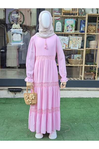 Nurul kisve Pink Lace Detailed Lined Hijab Dress