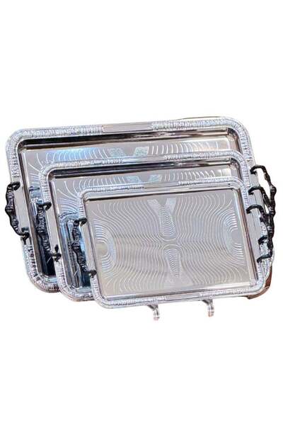 ALQANNAS طقم تباسي 3 حبه فضي منقوش يد اسود لماع