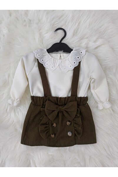 kidsense Baby Girl Salopet Set with Bow and Guipure Detail on the Collar