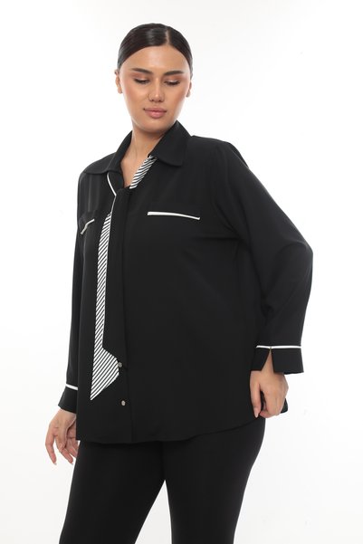 KİFAYET Plus Size (50-56) Shirt Collar Decorative Pocket Tie Detail Long Sleeve Women's Blouse