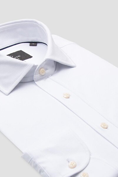 Abbate Stefano Jersey Cotton Blend Comfort Fit White Classic Collar Men's Plain Shirt