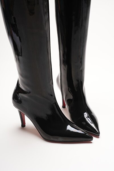 Ayakkabı Ateşi Women's Pointed Toe Short Heeled Boots Zelda Black Patent Leather