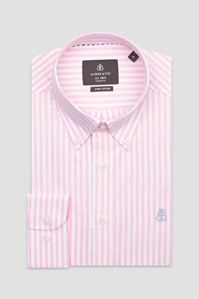 Abbate Luca Oxford Cotton Comfort Fit Pink Button down Collar Men's Striped Shirt