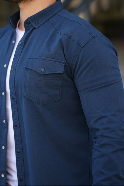 comstar Men's Slim Fit Pocket Basic Long Sleeve Navy Blue Denim Shirt