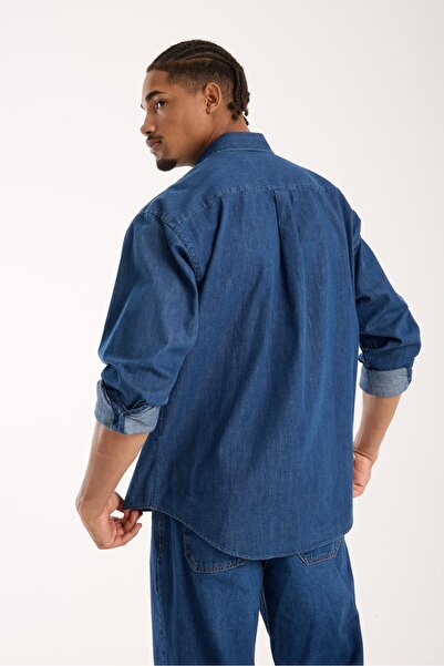 Abbate BB Club Rio Denim Pamuklu Oversize Fit Lacivert Klasik Yaka Erkek Düz Gömlek