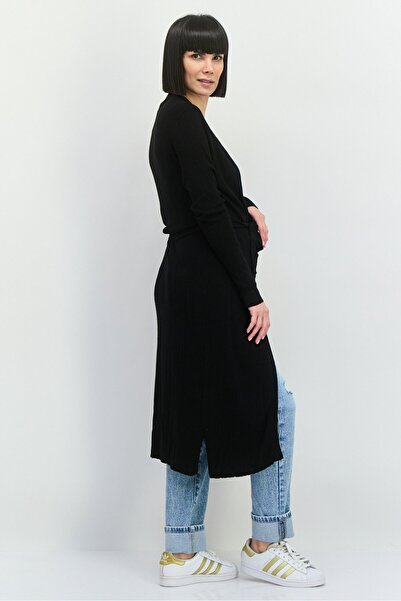 Threadbare Women Long Split Neck Textured Belted Cardigan, Black