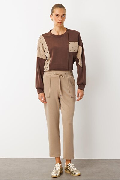 Moda İlgi Modailgi Beli Kalın Lastik Kemerli Tünel Bağcıklı Örme Pantolon - 15062 Vizon