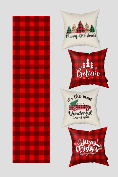 EsnafAli طقم غطاء وسادة عيد الميلاد بتصميم شجرة الصنوبر باللونين الأحمر والبي...