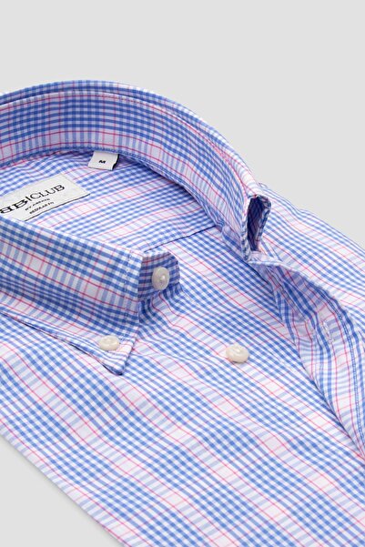 Abbate BB Club Mike Поплин памук Регулярна кройка Светлосиня Яка с копчета Мъжка карирана риза